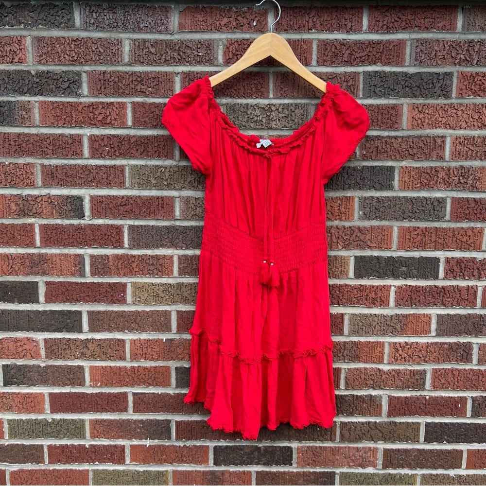 American Eagle Red Scrunch Short Sleeve Tassel Peasant Dress - Picture 1 of 3